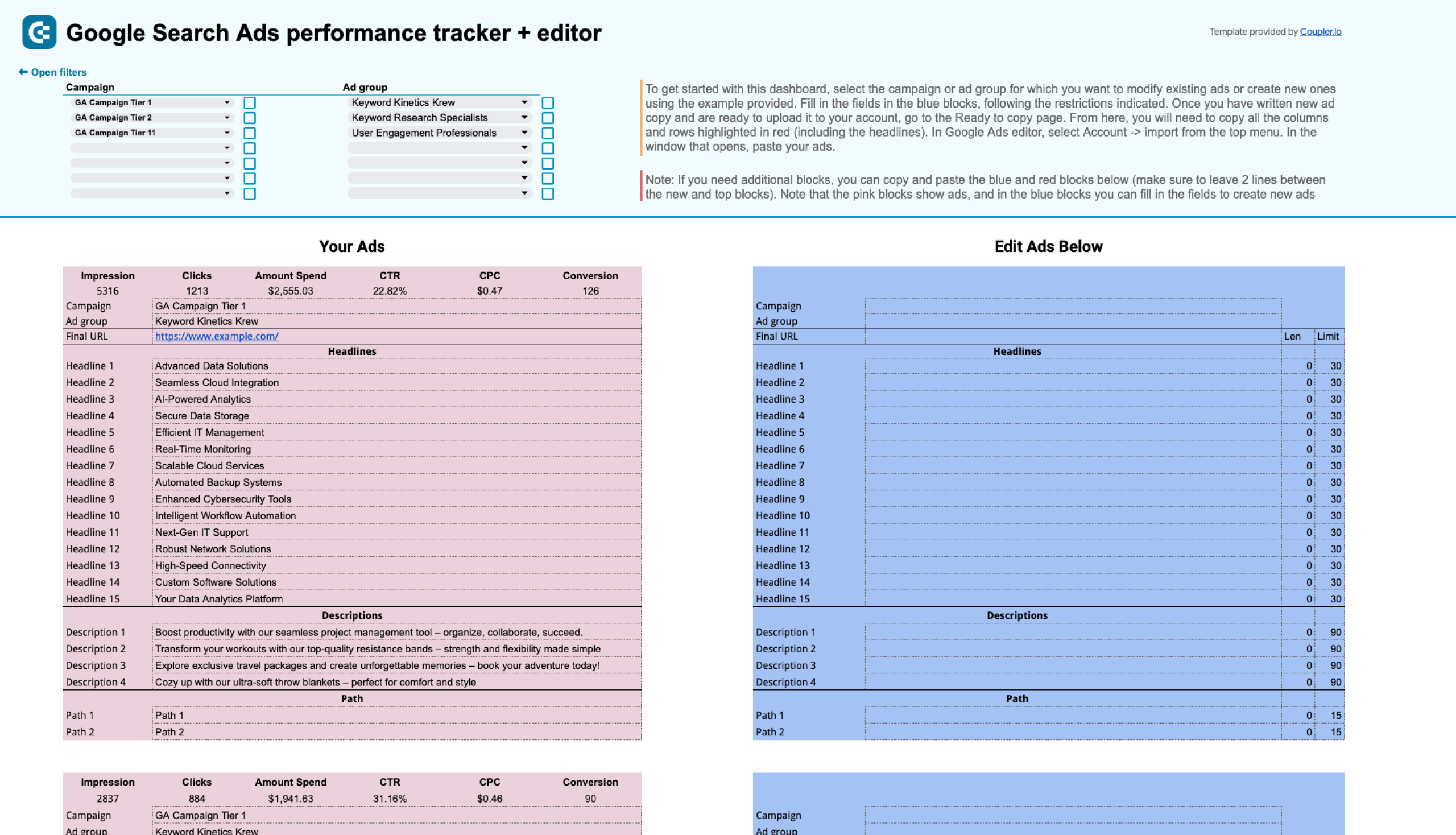 Google Search Ads performance tracker + editor in Google Sheets image